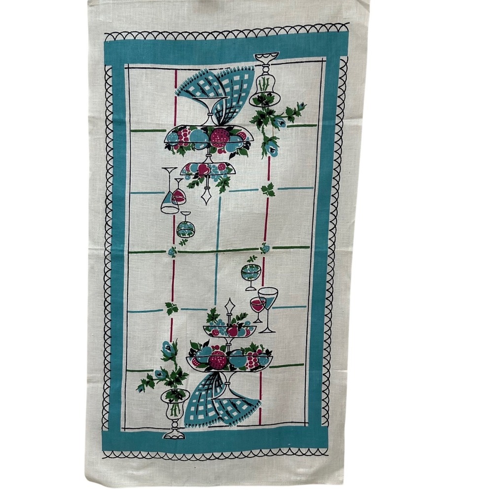 Vintage Startex Wonder-Dri Kitchen Tea Towel Mid-Century Fruit Wine Teal 29x16